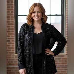 Long Sleeve Glitter Mesh Black Sequin Button Up Blouse  Contrasting Fabric 1820W